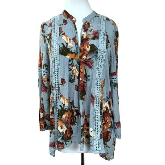 blu pepper Womens L Floral BoHo Peasant Tunic Top Crochet Detail Long Sleeve - Picture 1 of 8